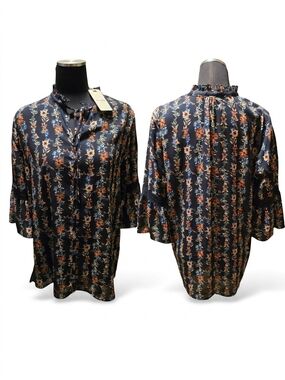 Pleione Women’s Navy Floral Tie-Neck Blouse with Ruffle Collar